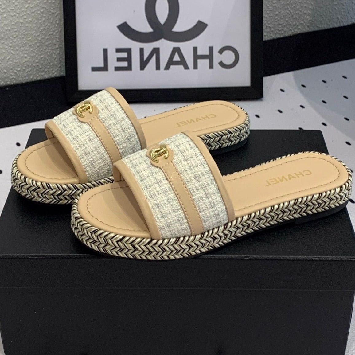 Chanel Double Women Beige Cream/ White Slippers Calfskin