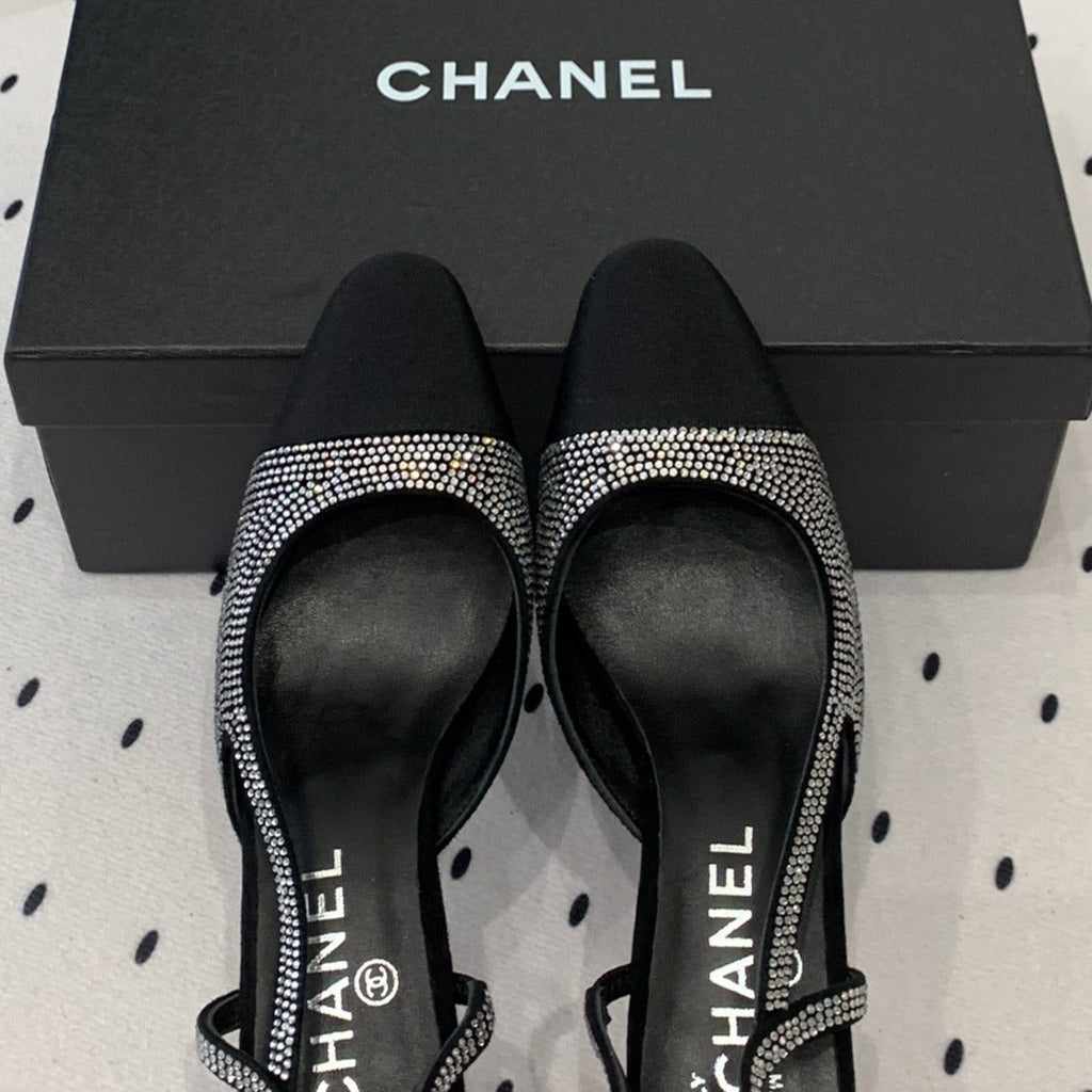 Chanel Double Rhinestone Slingback Sheepskin Silver Black