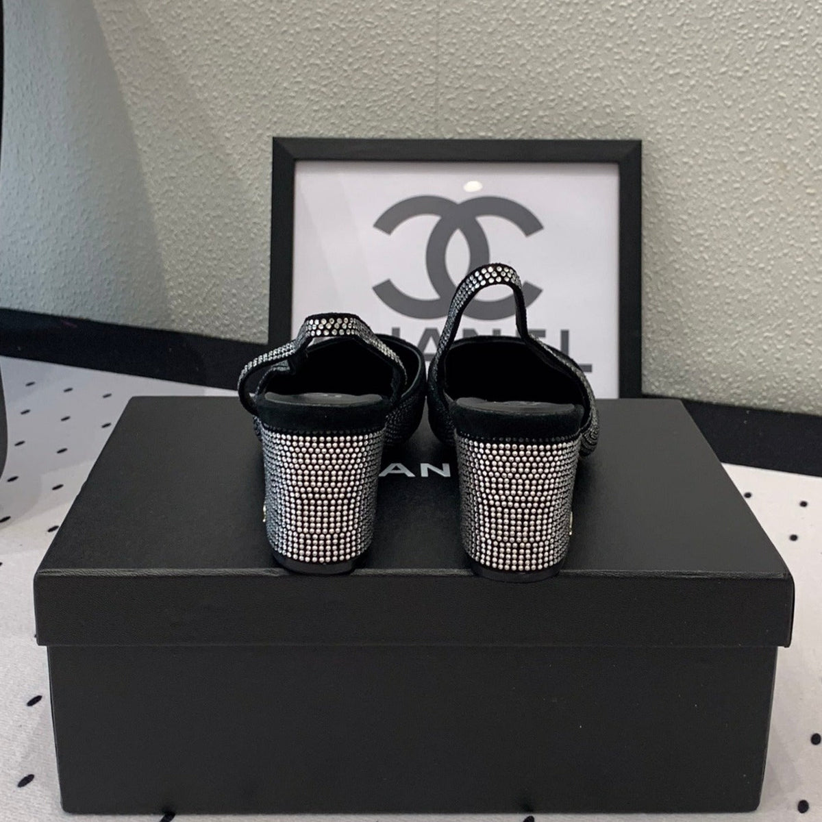 Chanel Double Rhinestone Slingback Sheepskin Silver Black