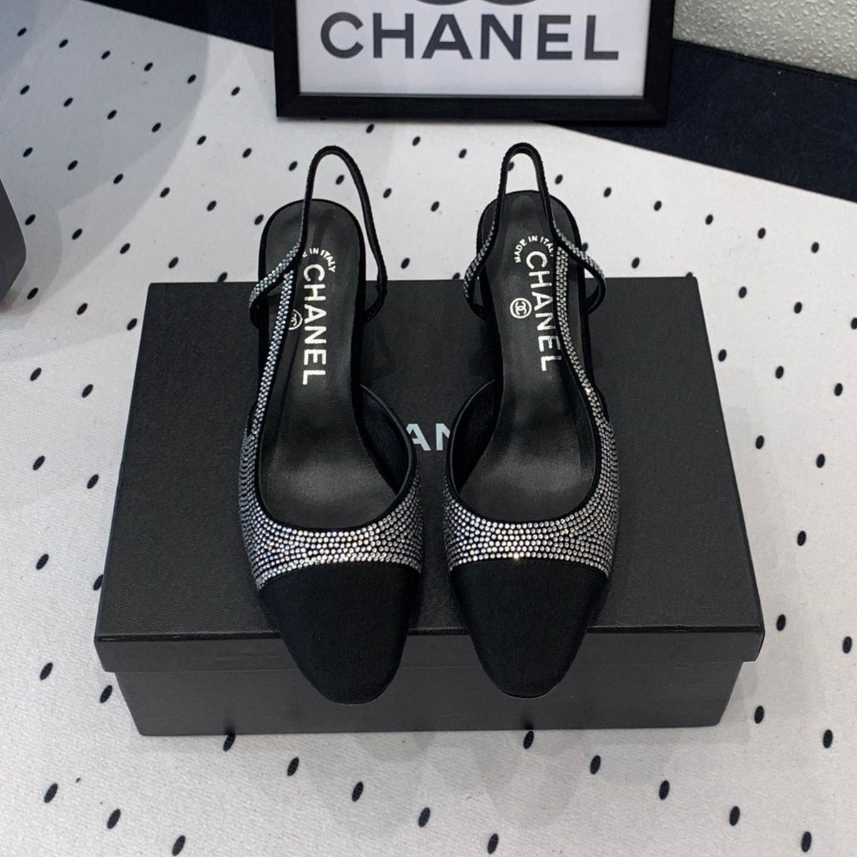 Chanel Double Rhinestone Slingback Sheepskin Silver Black