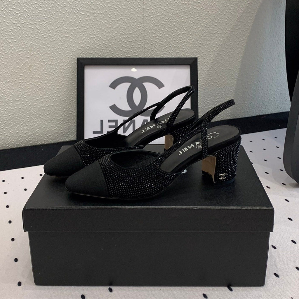 Chanel Double Rhinestone Slingback Sheepskin Black