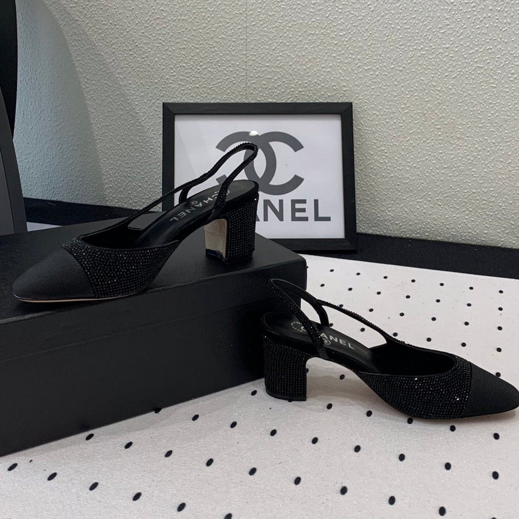 Chanel Double Rhinestone Slingback Sheepskin Black
