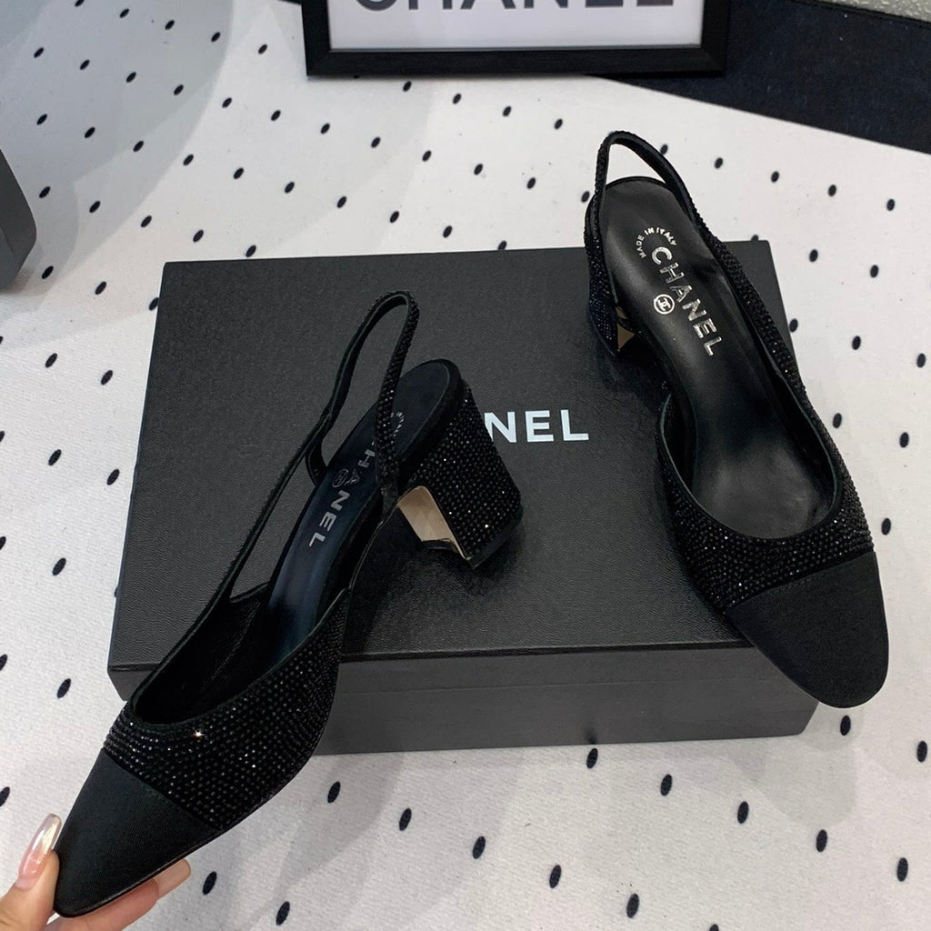 Chanel Double Rhinestone Slingback Sheepskin Black