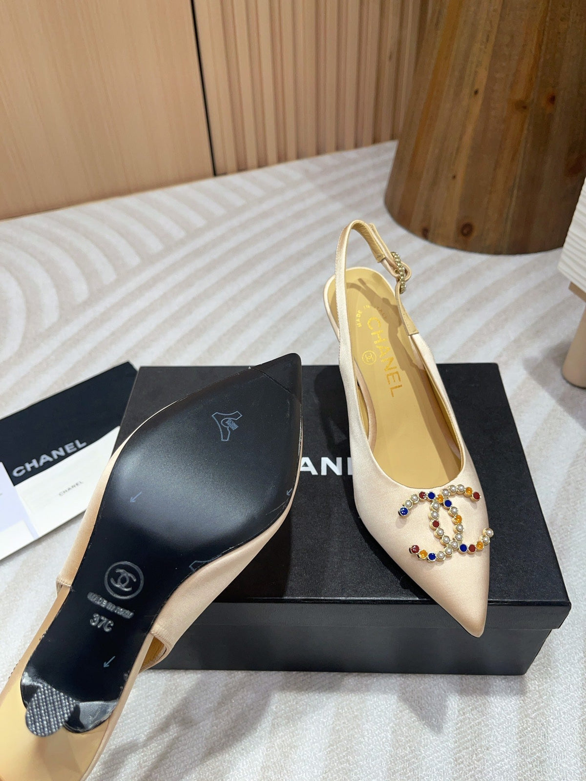 Chanel High Slingbacks Beige Cream Satin and Lambskin