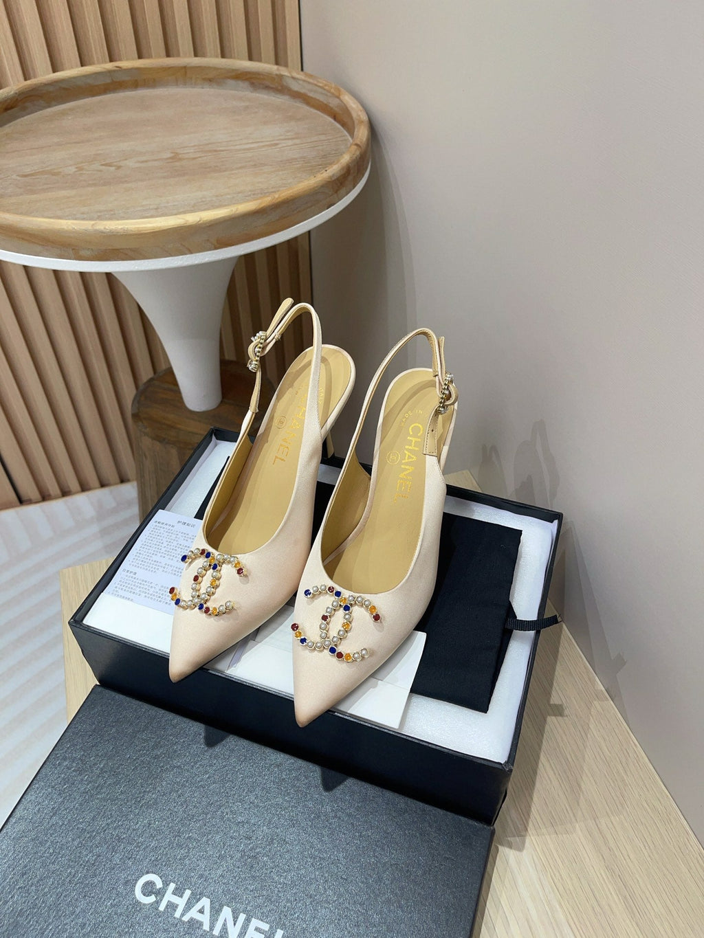 Chanel High Slingbacks Beige Cream Satin and Lambskin