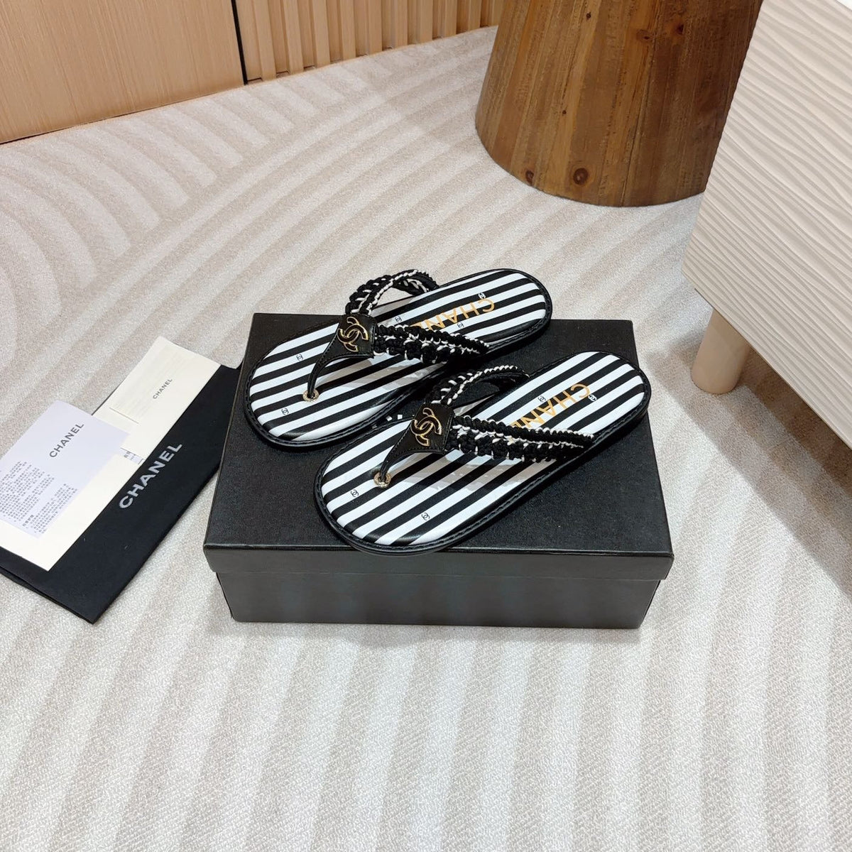 Chanel Woven Flip Flop White Mix Black Sheepskin