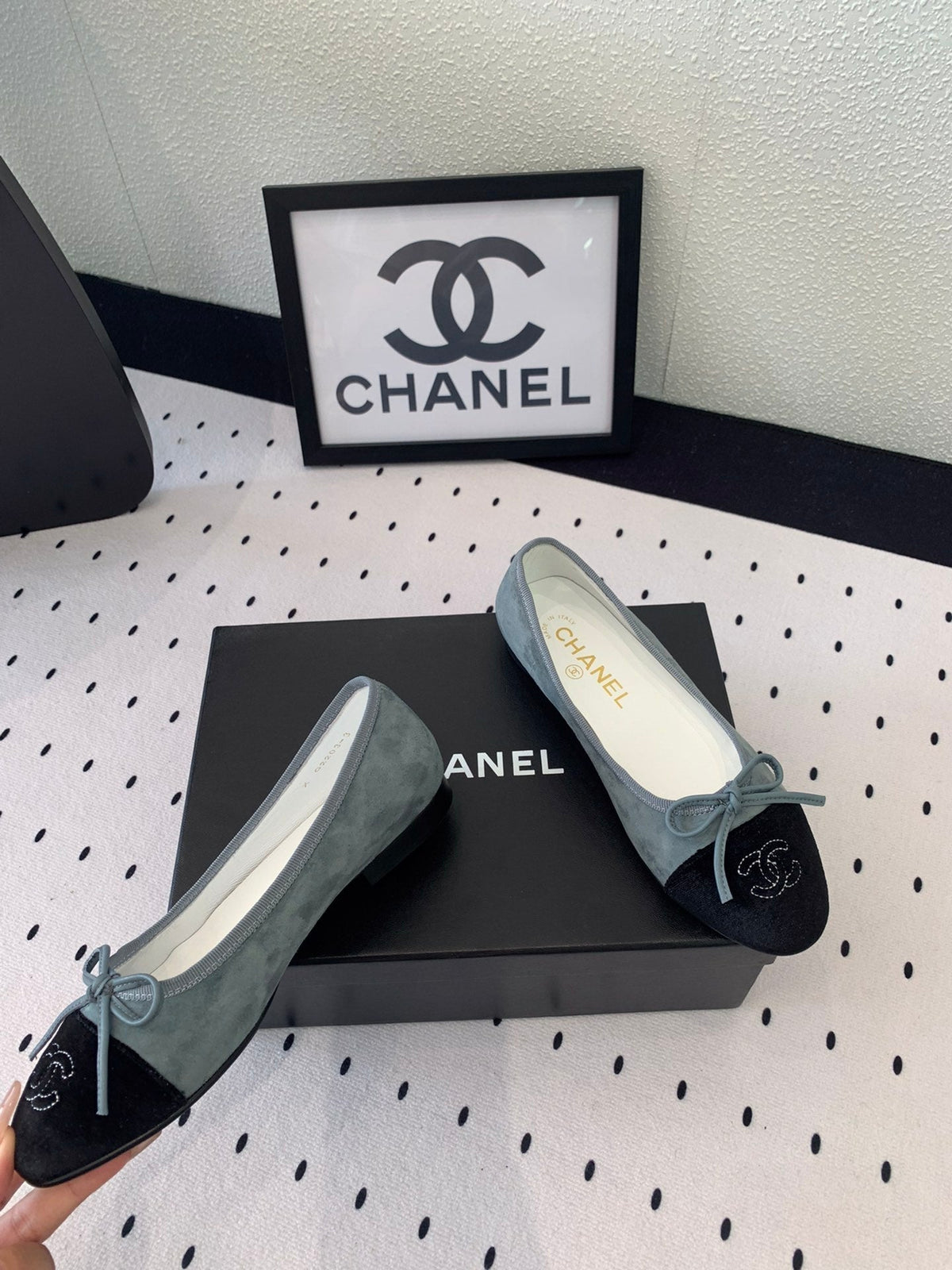 Chanel Ballet Flat Iceberg Blue Mix Black Velvet
