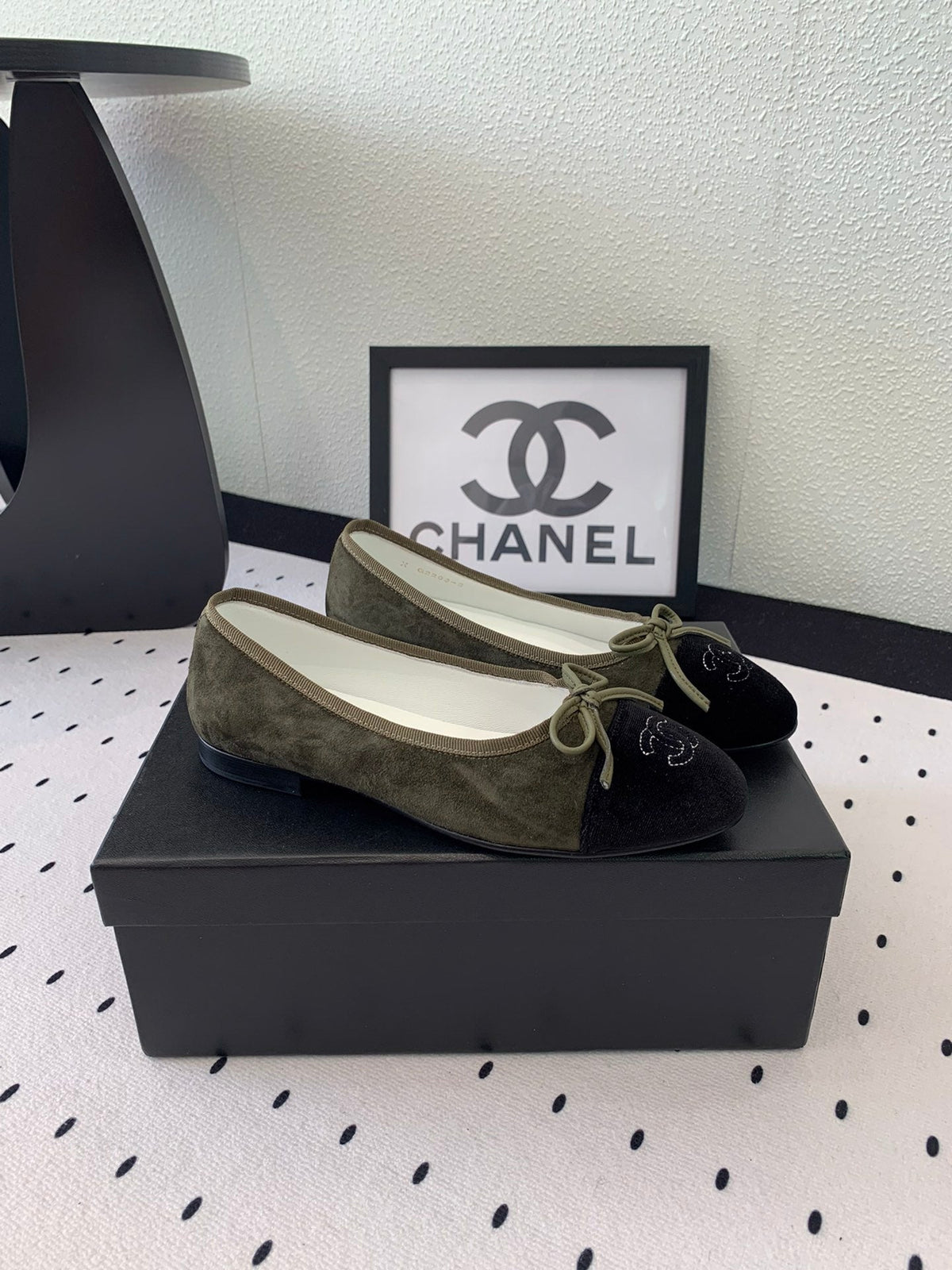 Chanel Ballet Flat Olive Green Mix Black Velvet