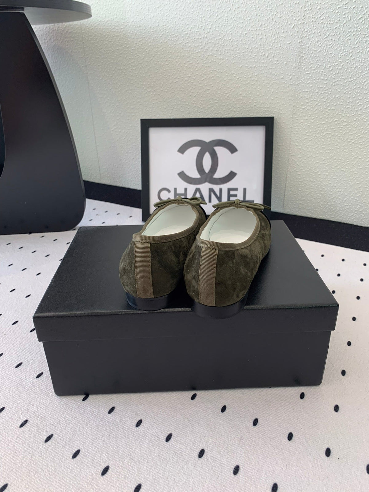 Chanel Ballet Flat Olive Green Mix Black Velvet