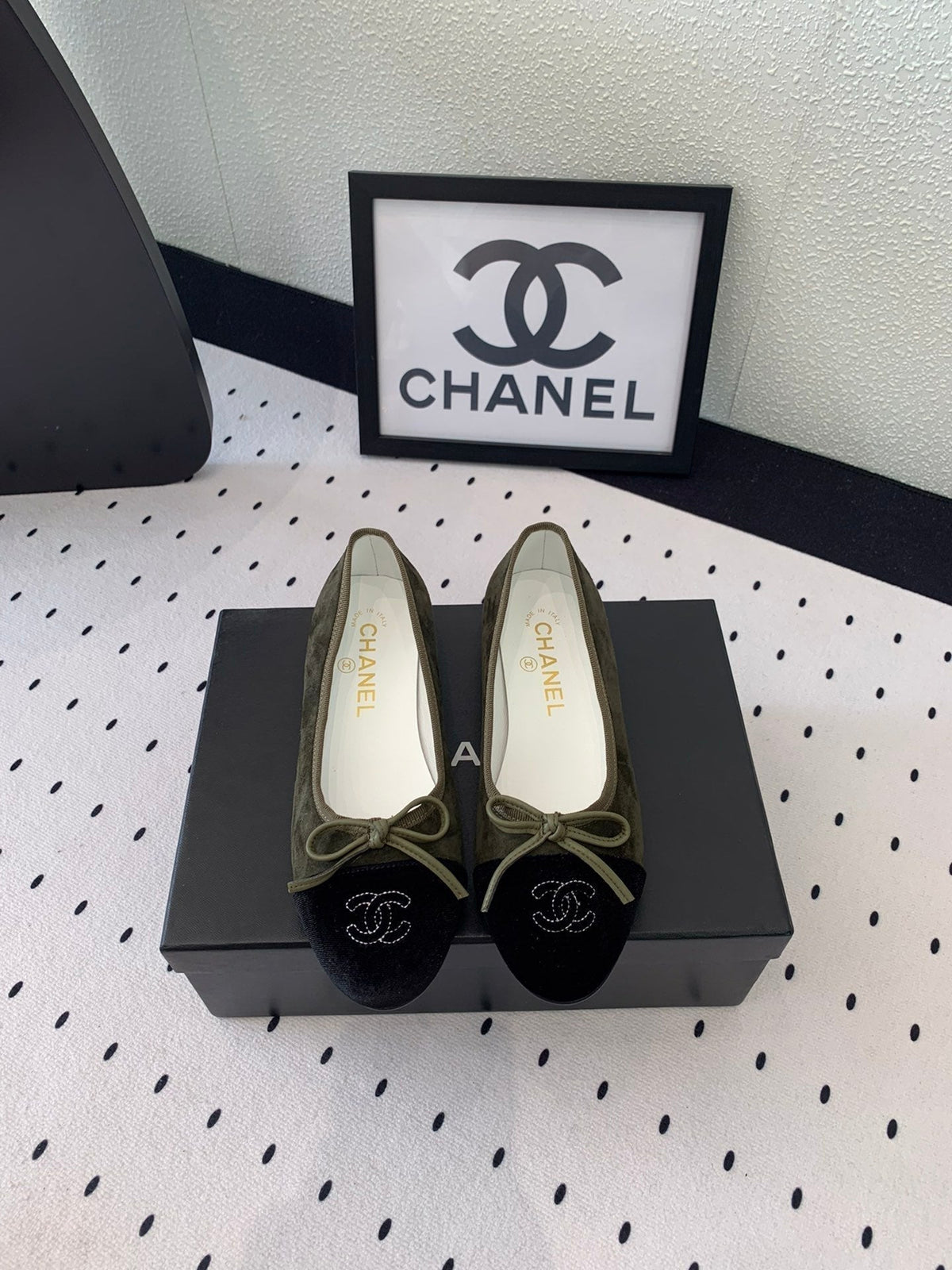Chanel Ballet Flat Olive Green Mix Black Velvet