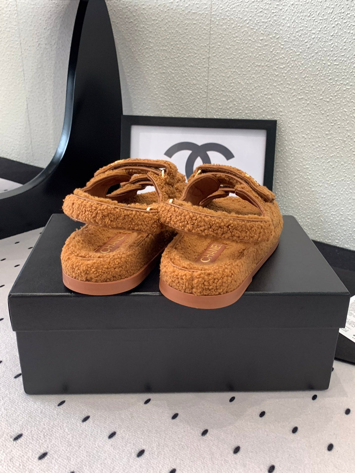 Chanel Dad Sandal Bronze Brown Lamb Fur