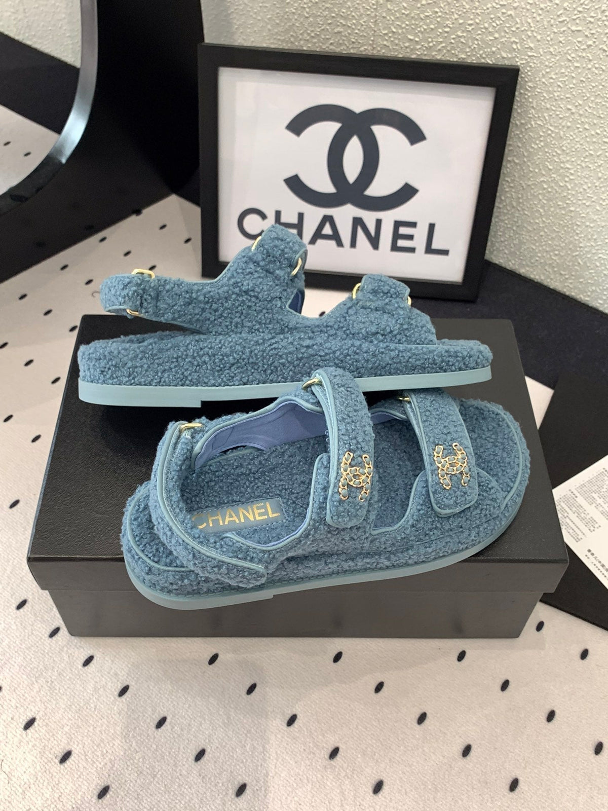 Chanel Dad Sandal Aegean Blue Lamb Fur