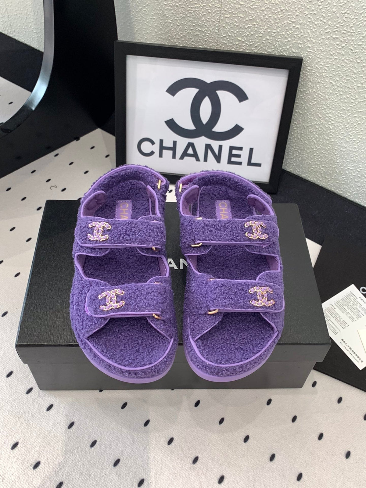 Chanel Dad Sandal Plum Purple Lamb Fur