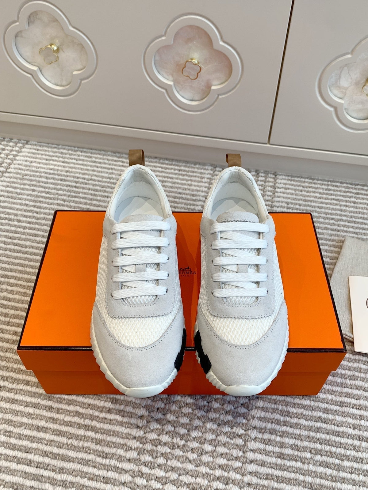 Hermes Bouncing Sneaker in White Graphic Mesh and Pastel Gray Suede