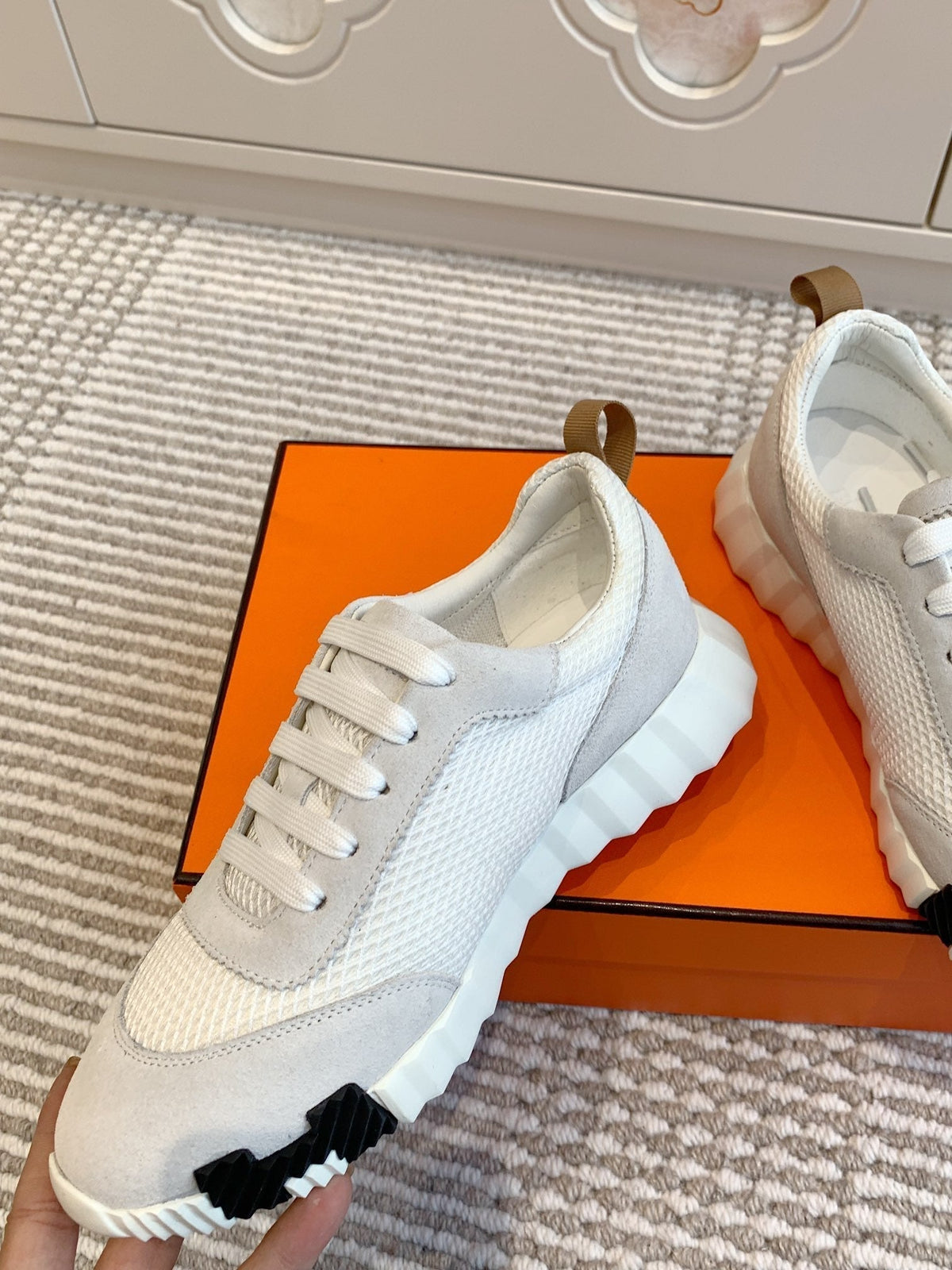 Hermes Bouncing Sneaker in White Graphic Mesh and Pastel Gray Suede