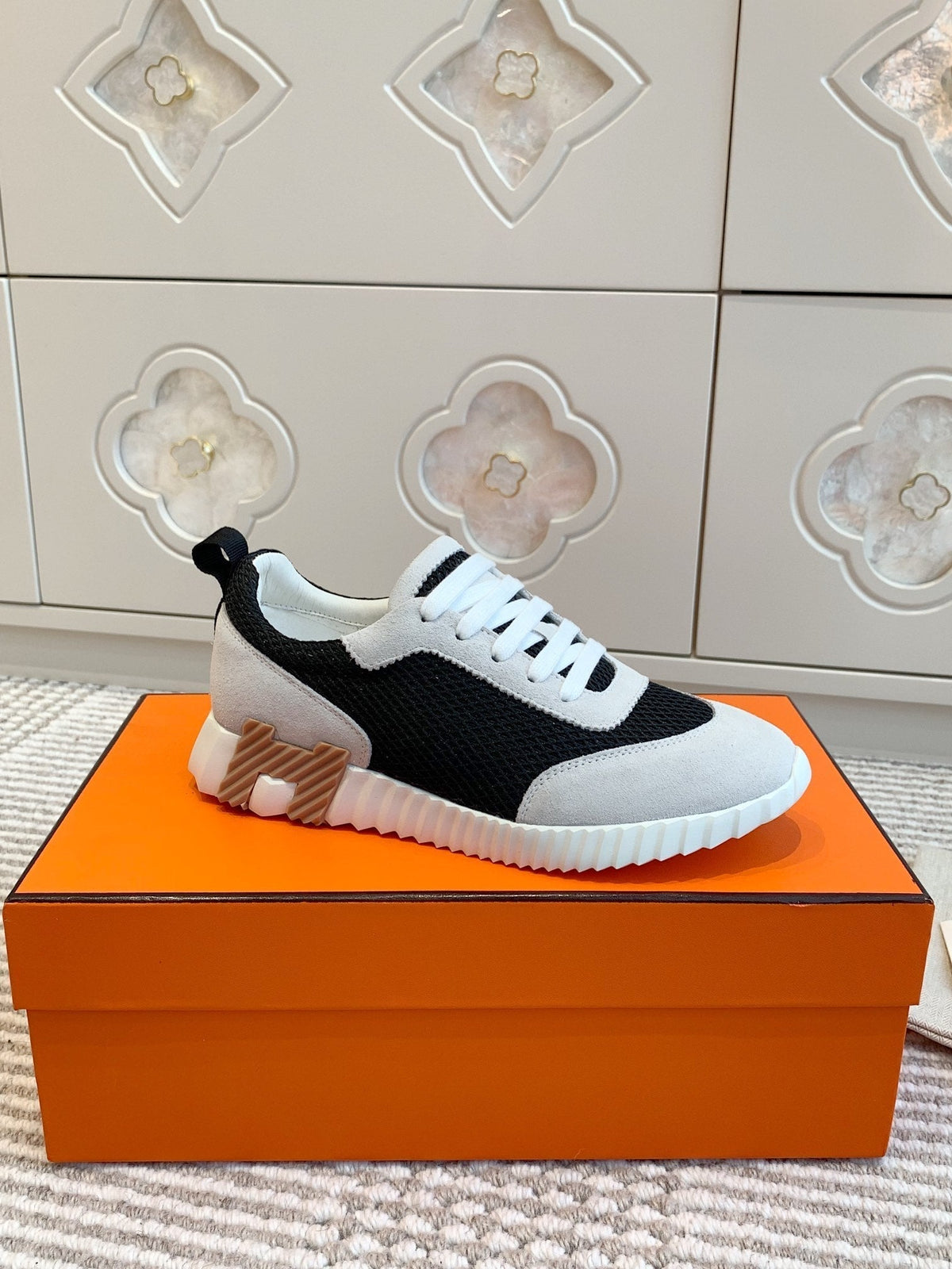 Hermes Bouncing Sneaker in Black Graphic Mesh and Pastel Gray Suede