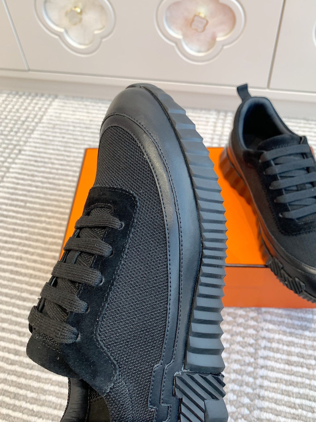 Hermes Bouncing Sneaker in Black Graphic Mesh and Calfskin