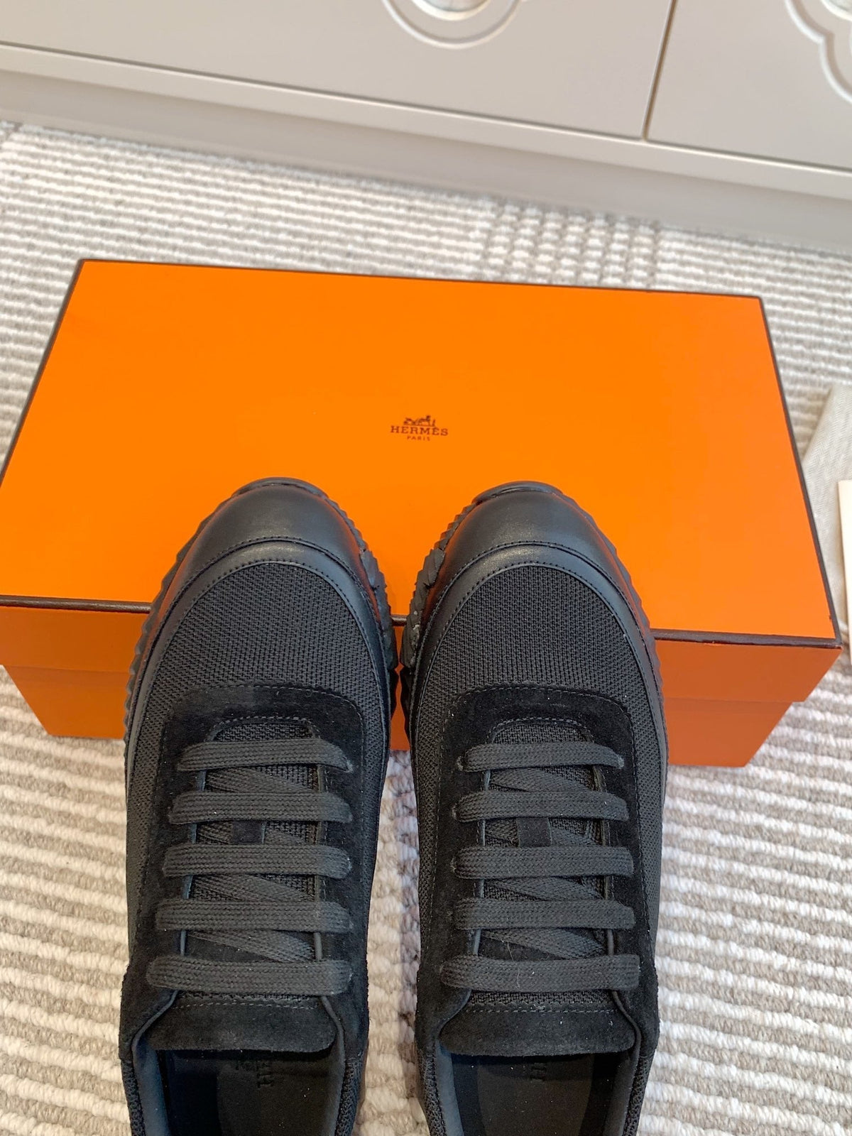 Hermes Bouncing Sneaker in Black Graphic Mesh and Calfskin