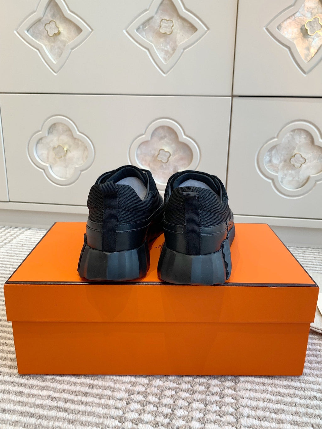 Hermes Bouncing Sneaker in Black Graphic Mesh and Calfskin