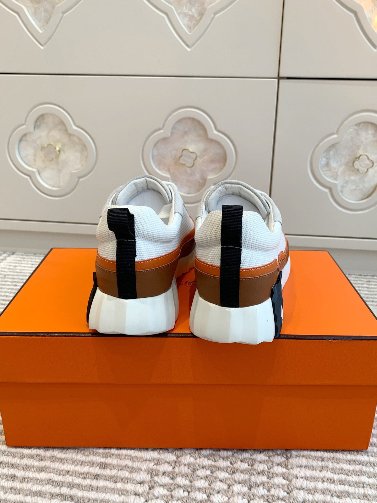 Hermes Bouncing Sneaker in White Graphic Mesh and Bronze Brown Calfskin