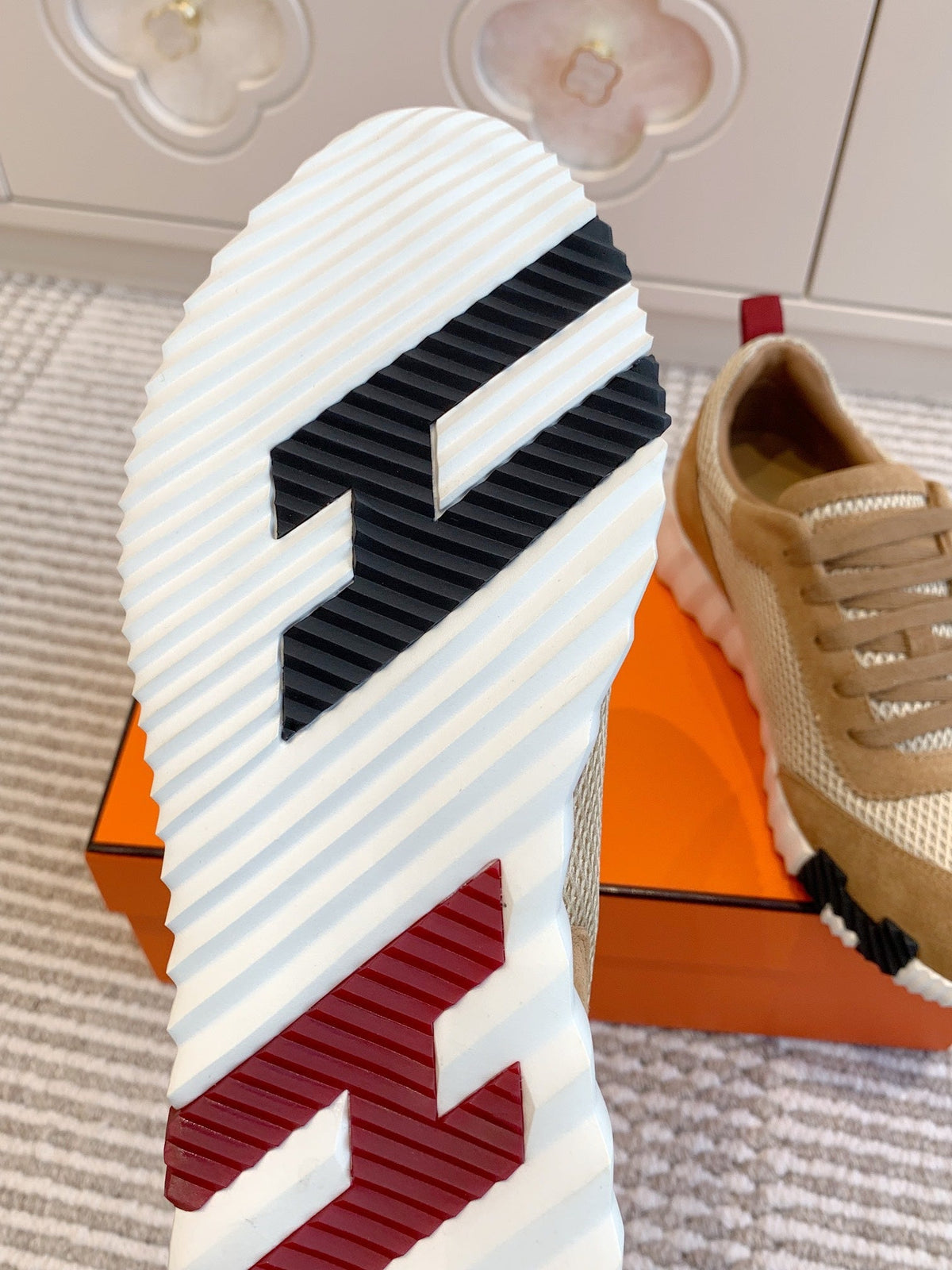 Hermes Bouncing Sneaker in Cider Brown Graphic Mesh and Suede