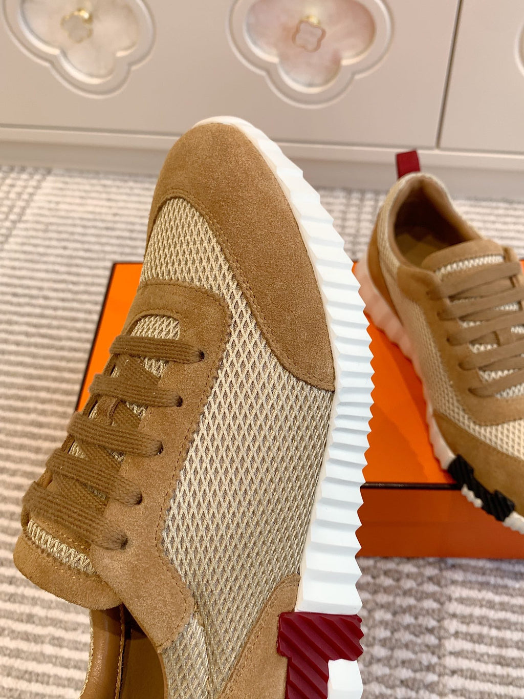Hermes Bouncing Sneaker in Cider Brown Graphic Mesh and Suede
