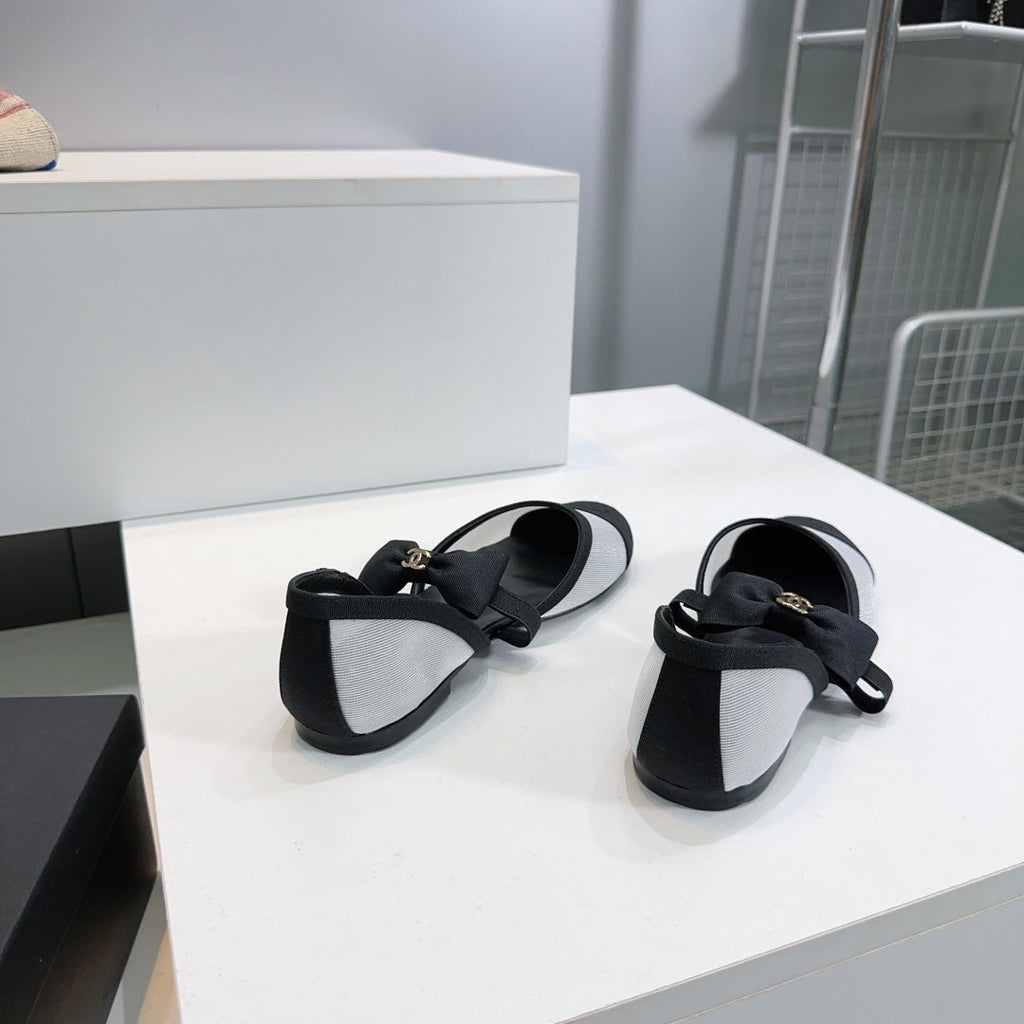 Chanel Flat Mary Jane Shoes 25S in White Mix Black Mesh Fabric Embossed Logo with Bow