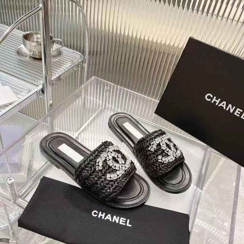 Chanel Slippers Black Calfskin Logo
