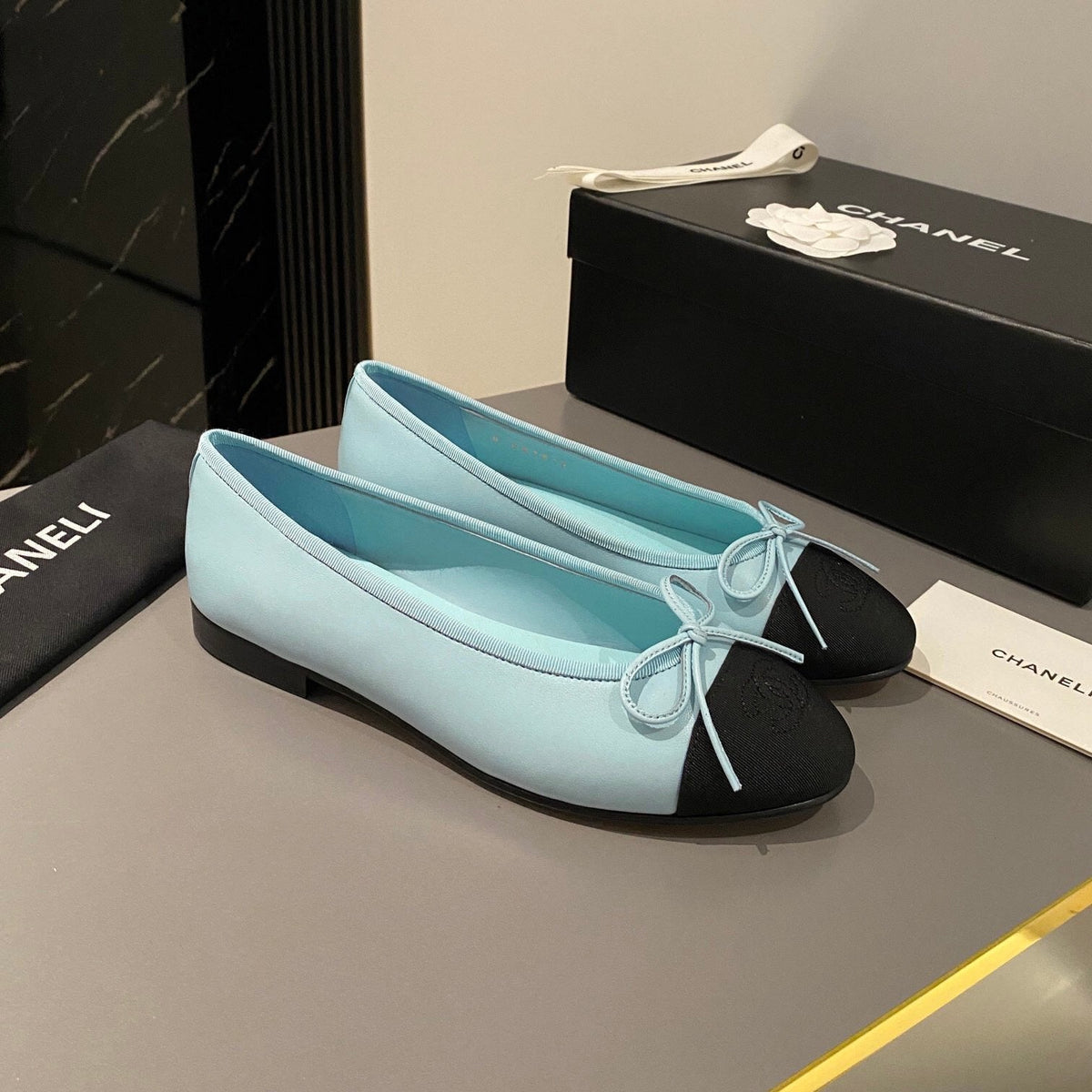 Chanel Ballet Flats Light Blue Black Lambskin