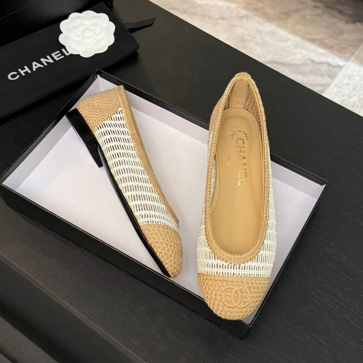 Chanel 2025 Ballet Flat Beige White Raffia