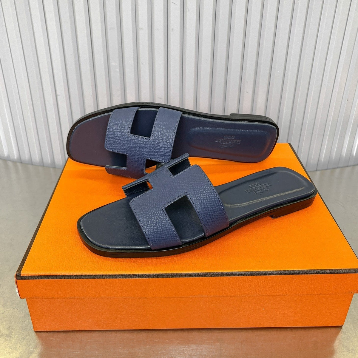 Hermes 0RAN Sandal in Dark Blue Calfskin