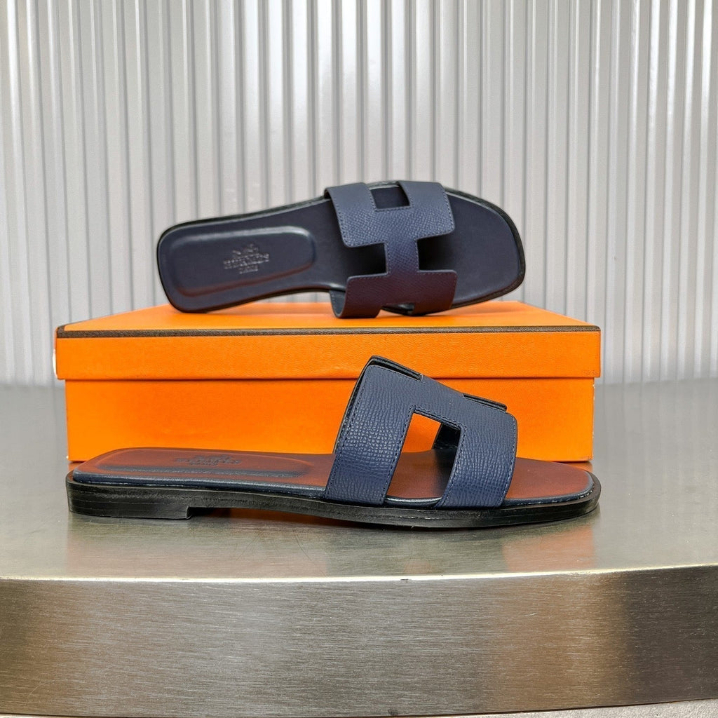 Hermes 0RAN Sandal in Dark Blue Calfskin