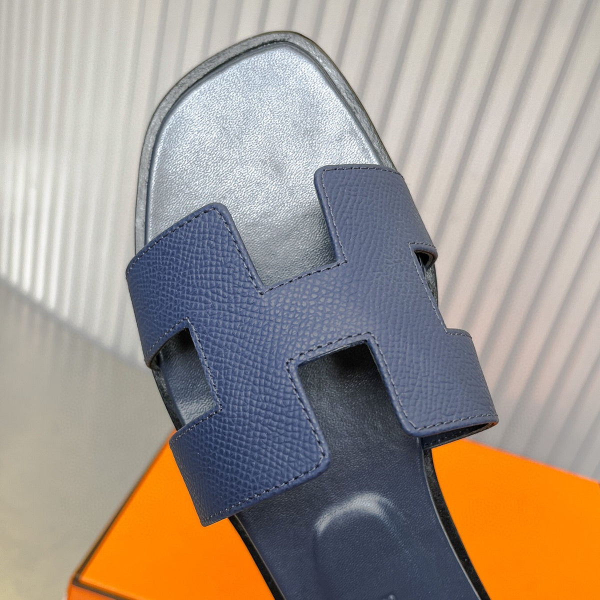 Hermes 0RAN Sandal in Dark Blue Calfskin
