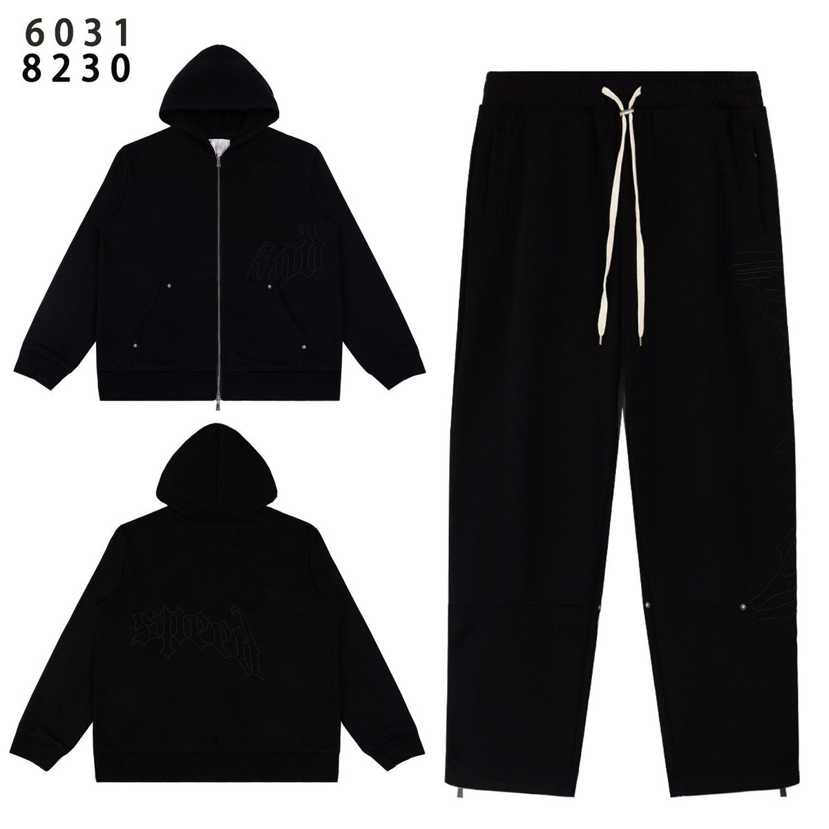 Godspeed Tonal Black Gothic Zip Hoodie Tracksuit Set — front