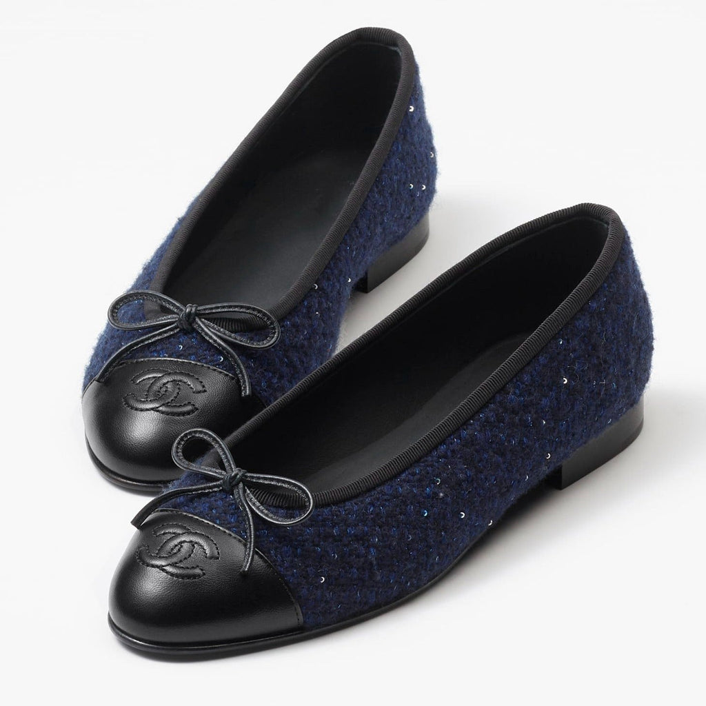 Chanel Ballet Flats Navy Blue Black Tweed