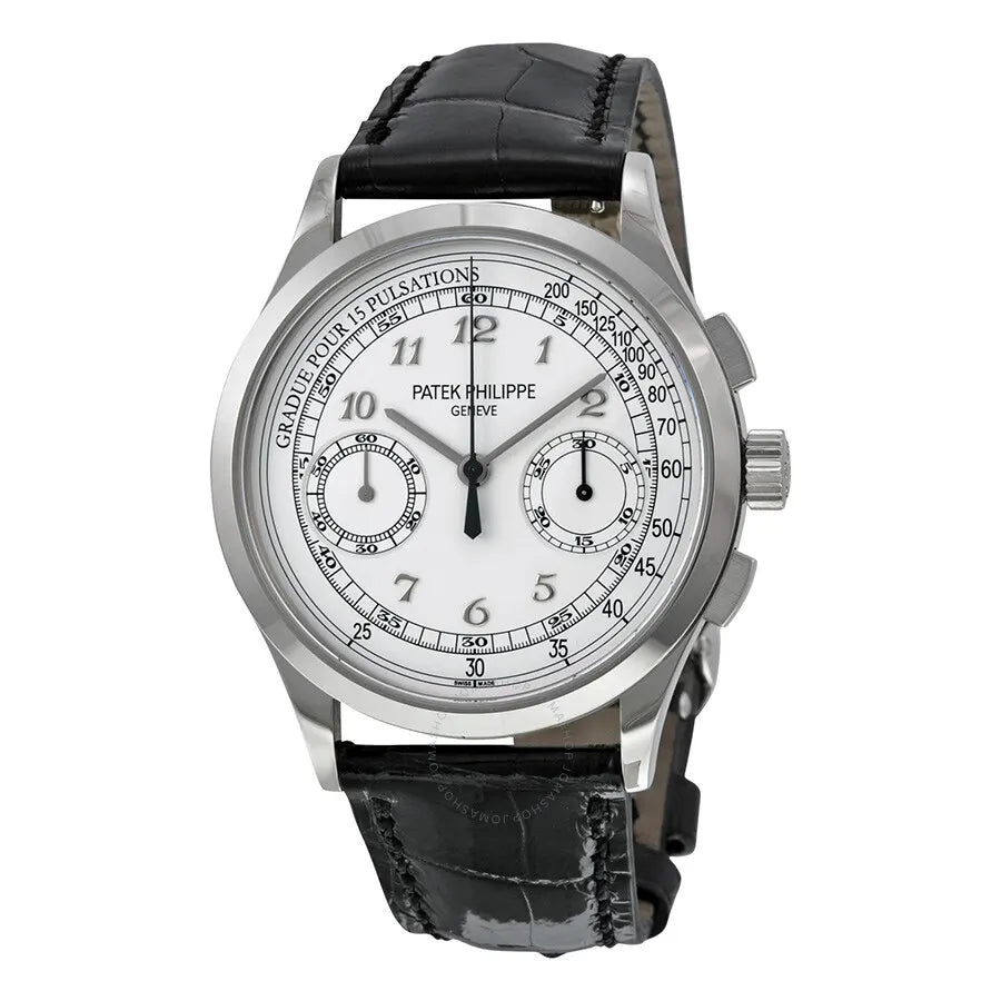 Patek Philippe White Dial Chronograph Black Leather Watch