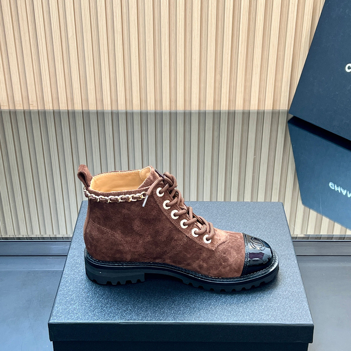 Chanel 25S Martin Lace-Up Boots with Chain Detail in Dark Brown Suede