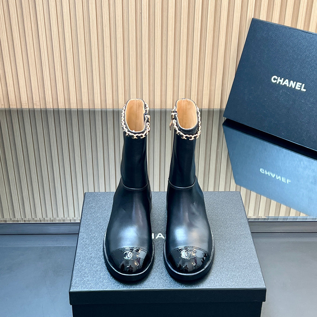 Chanel 25S Short Boots with Chain in Black Calfskin