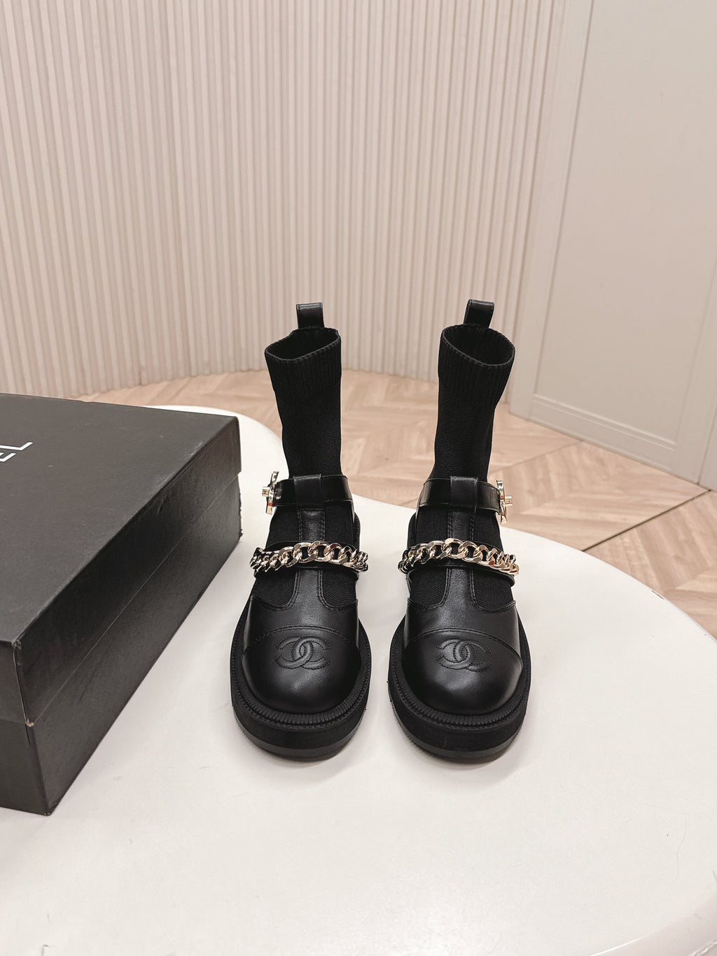 Chanel Ankle Boots 25S in Black Lambskin and Fabric with Gold Hardware