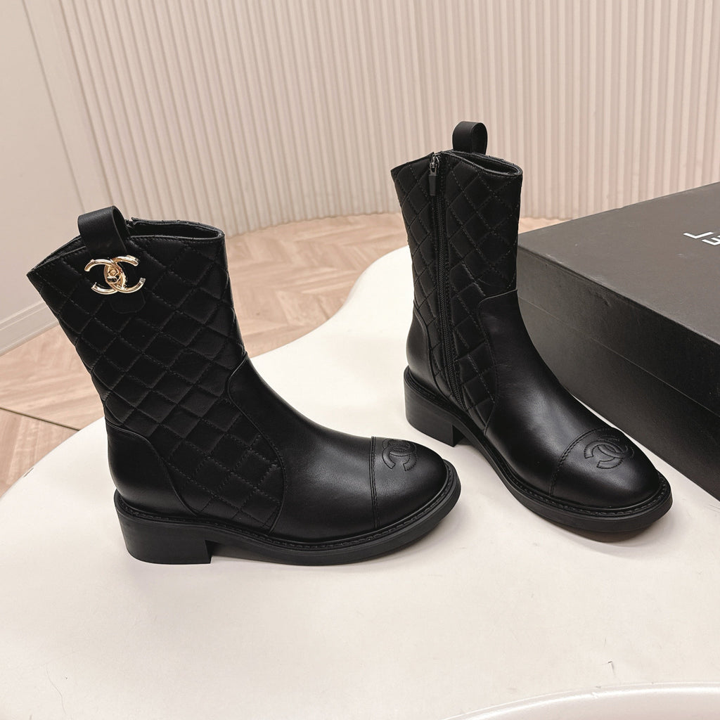 Chanel Ankle Boots 25S in Black Lambskin with Gold Hardware