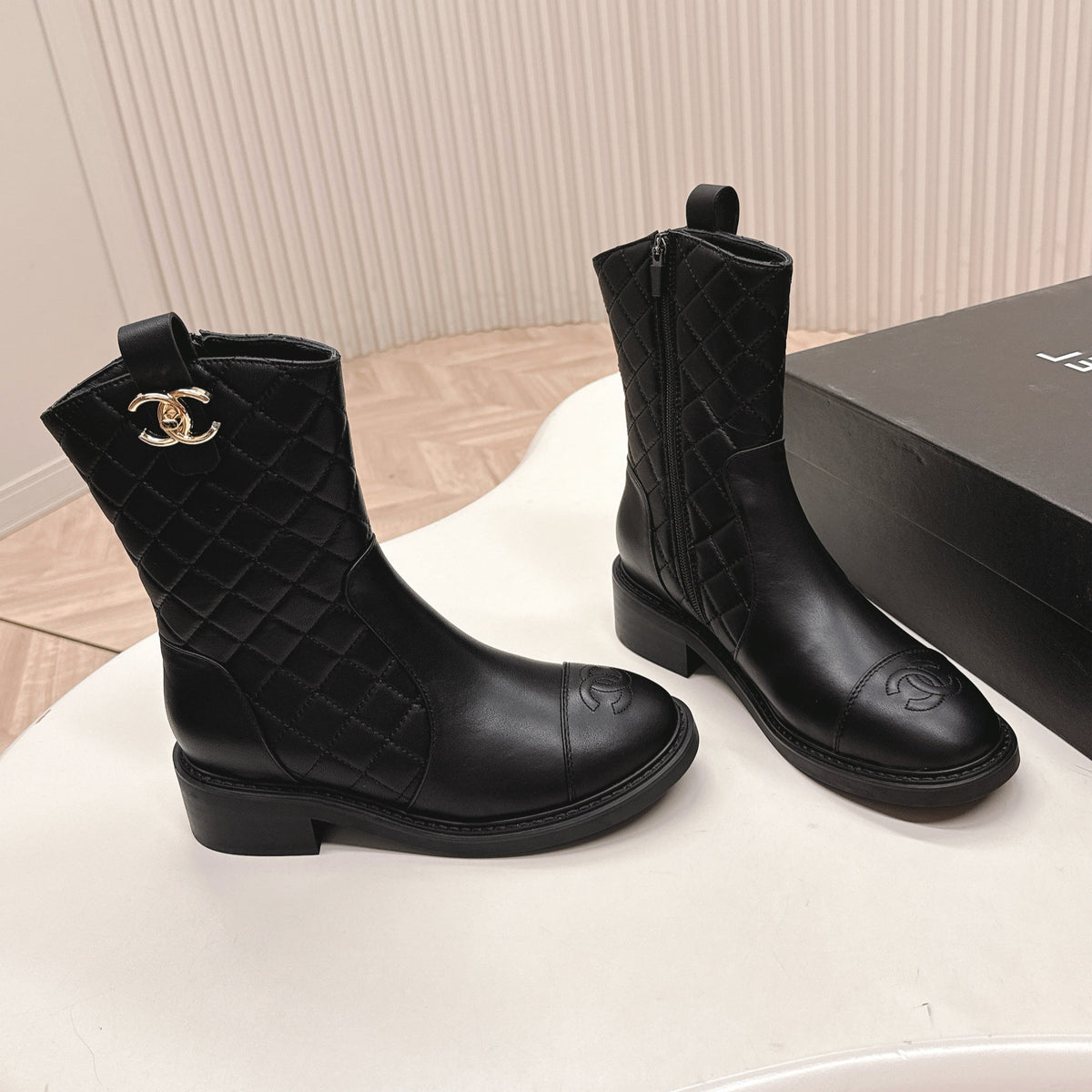 Chanel Ankle Boots 25S in Black Lambskin with Gold Hardware