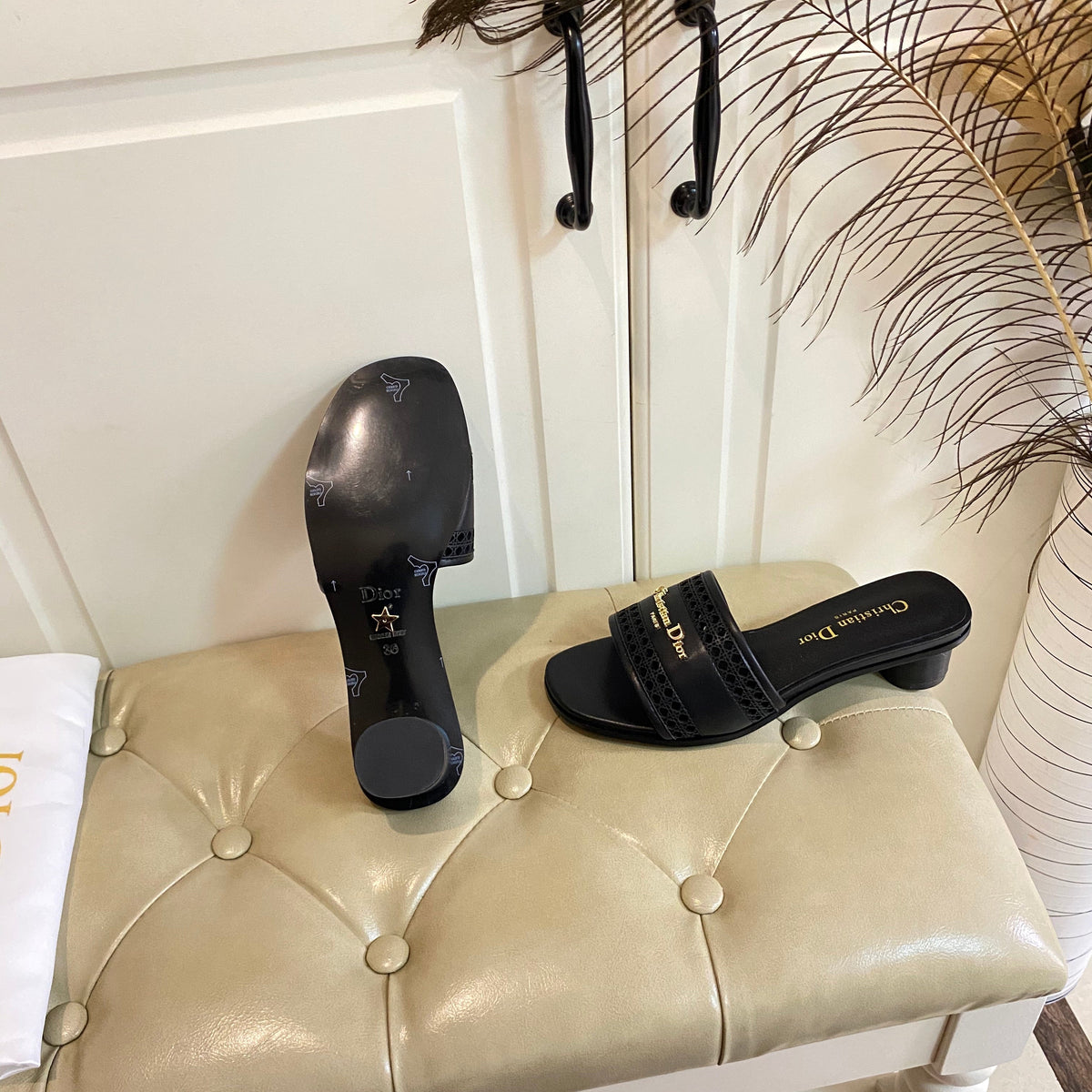 Dior Dway Heeled Slide in Black Calfskin with Gold Logo