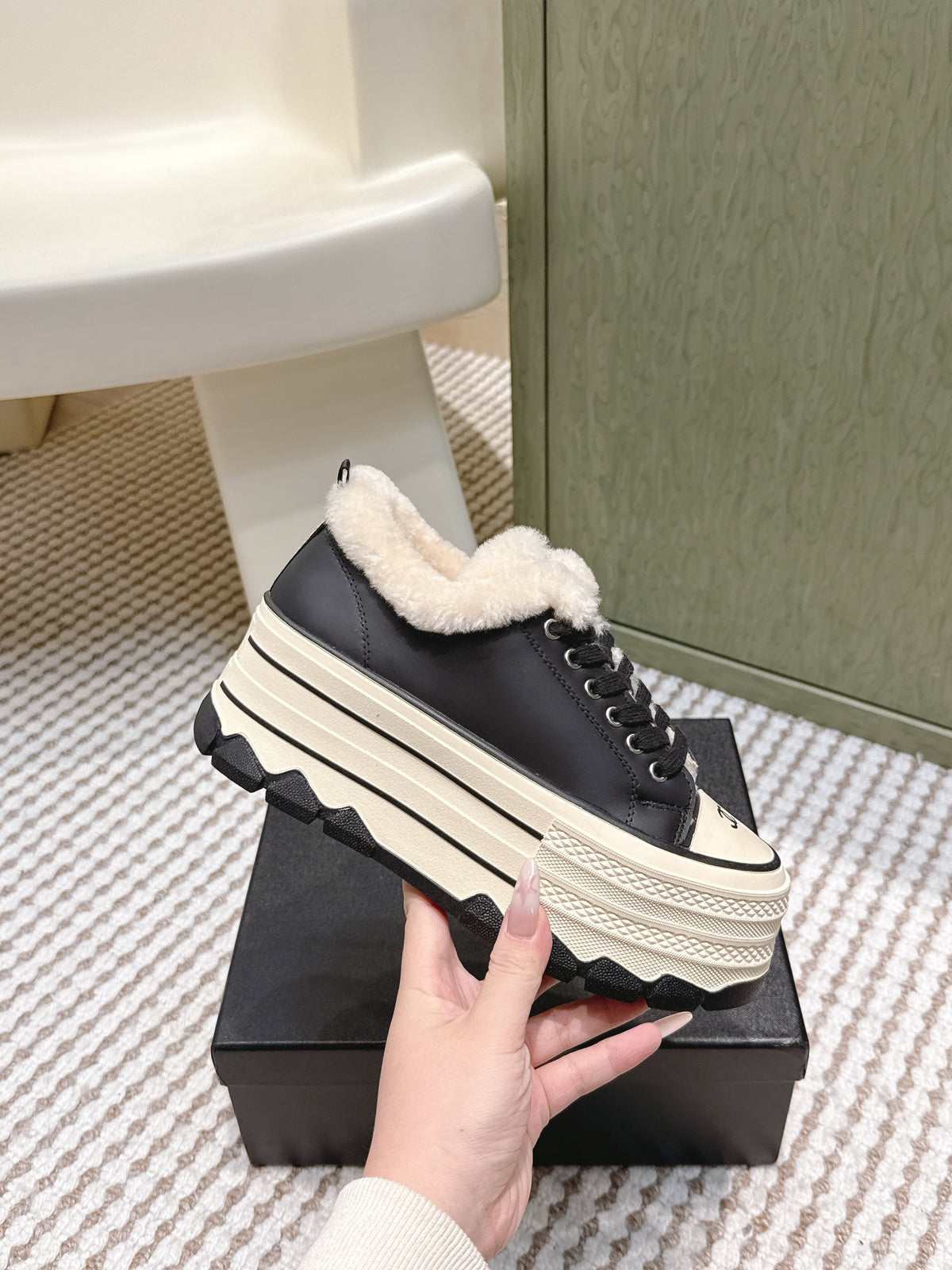 Chanel 25S Thick-Sole Sneakers 60mm in Black and Beige Calfskin with Fur Lining