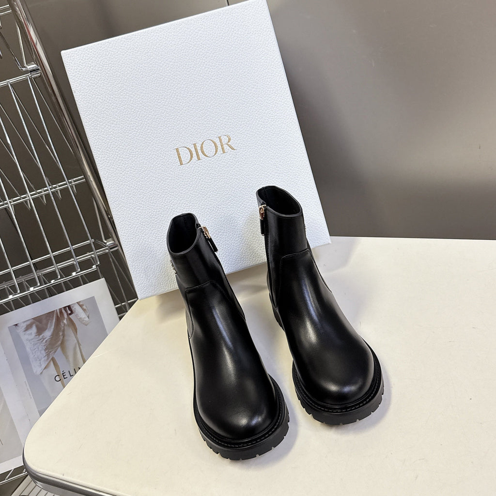 Dior 25S D-Major Ankle Boots in Black Lambskin with Gold Hardware