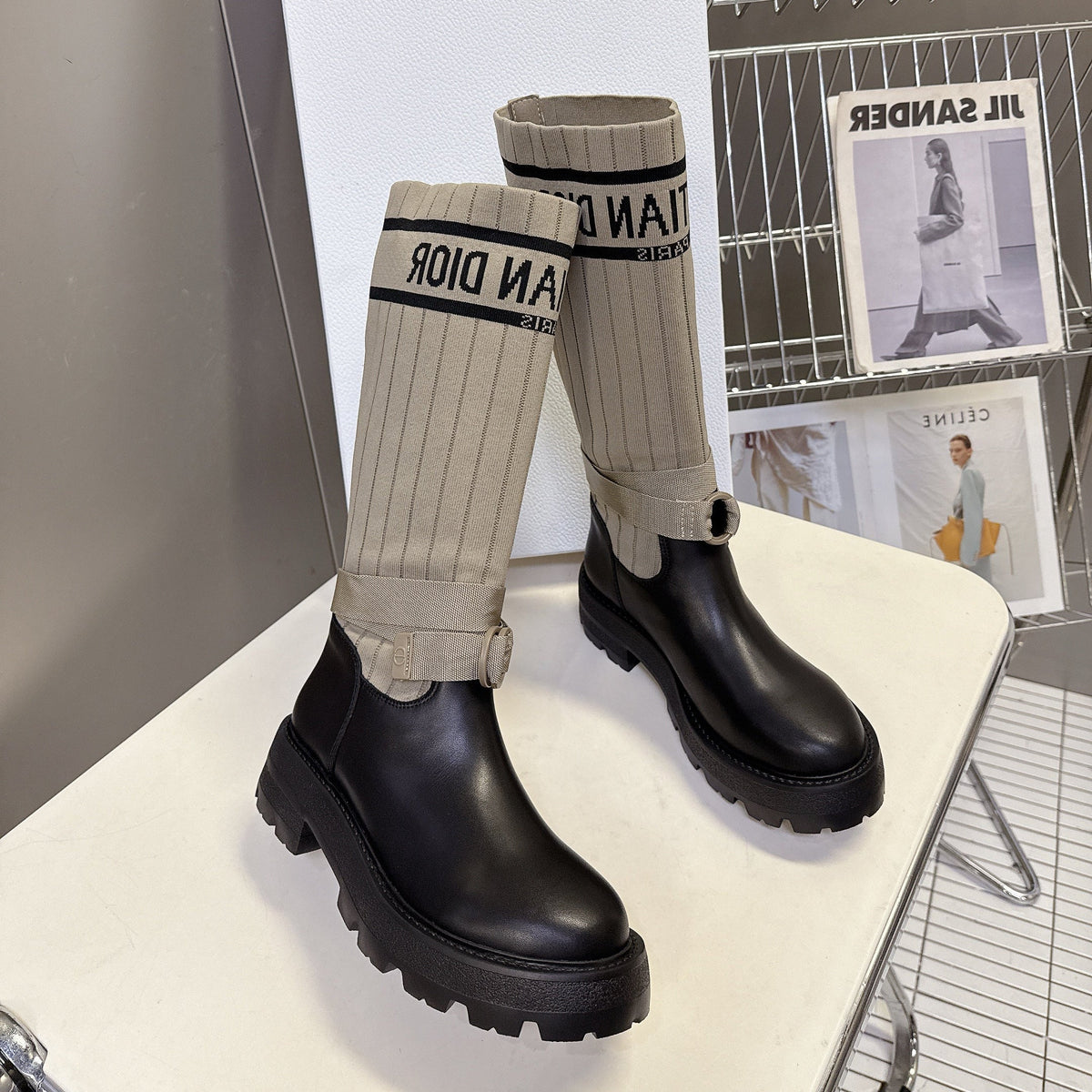 Dior 25S D-Major Ankle Boots in Black Calfskin and Beige Fabric