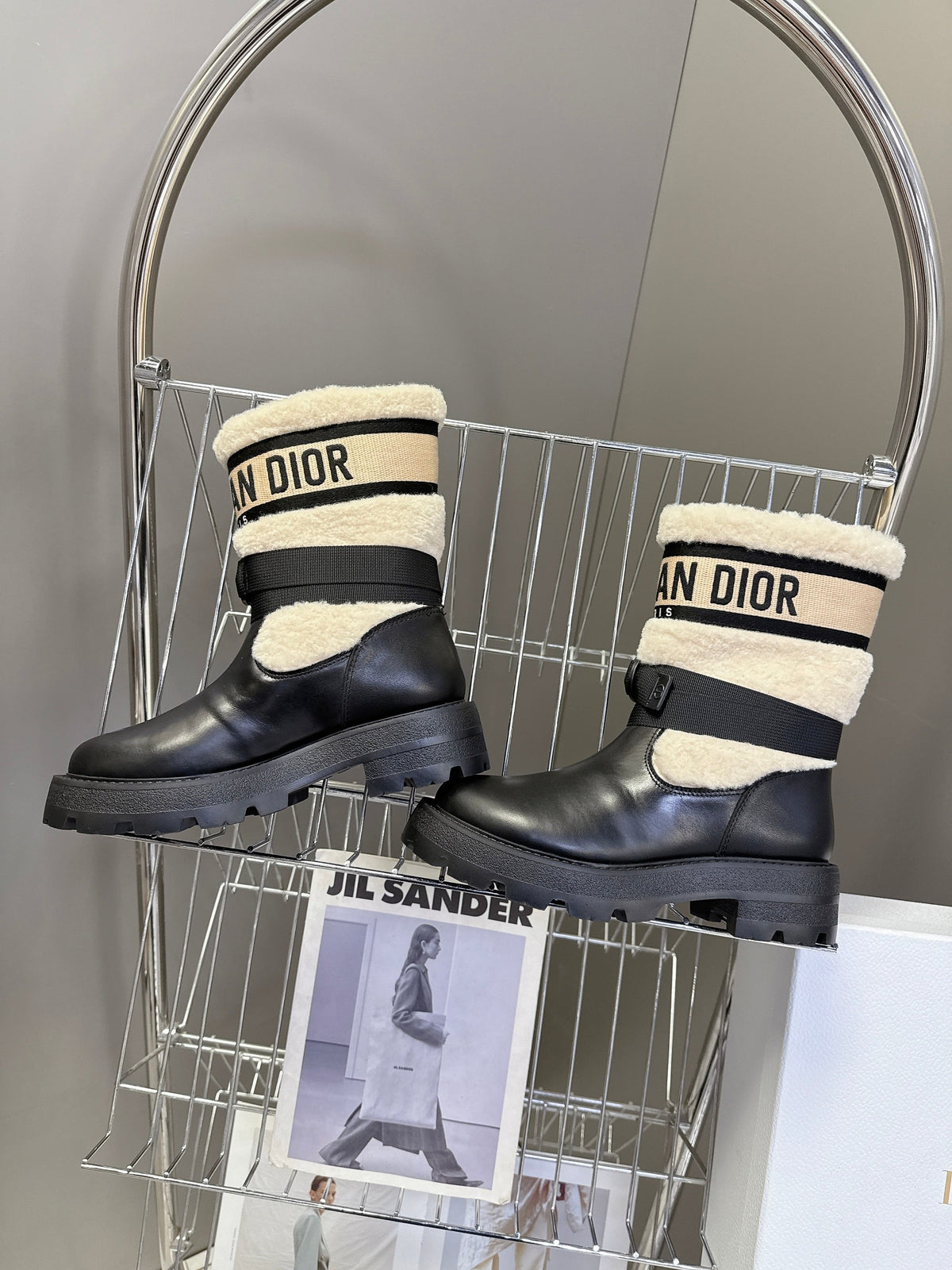 Dior 25S D-Major Ankle Boots in Black Lambskin and Cream White Wool