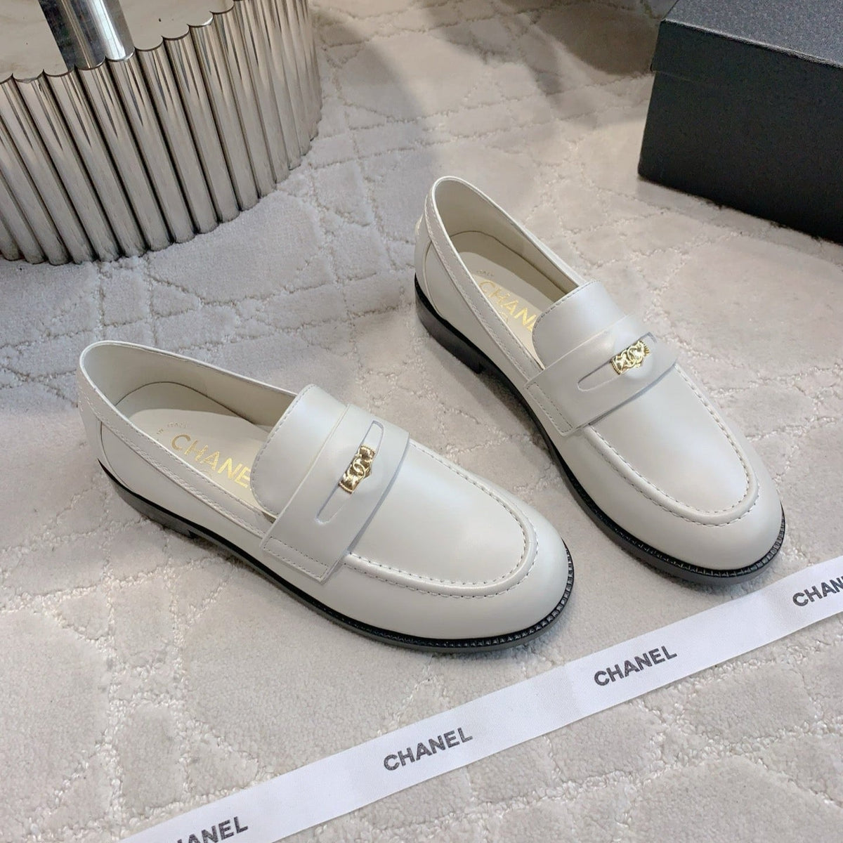 Chanel 25S Moccasins in White Calfskin Gold Hardware