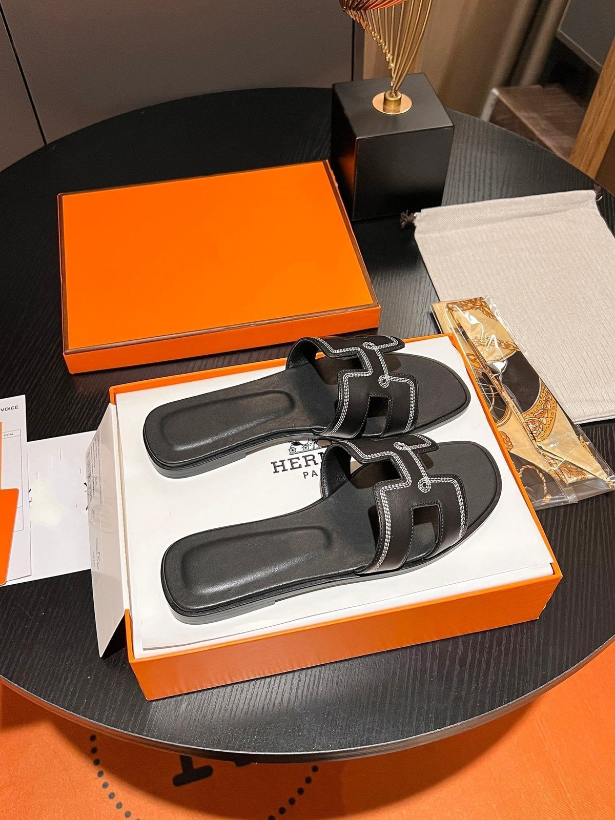 Hermes 0RAN Sandal Calfskin Black