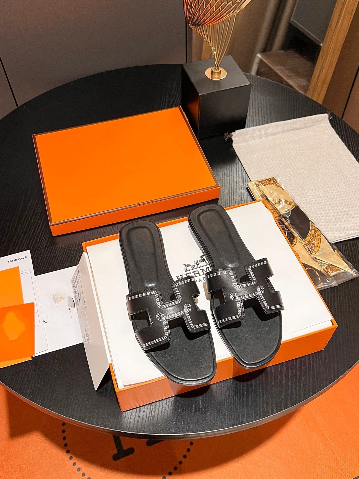 Hermes 0RAN Sandal Calfskin Black