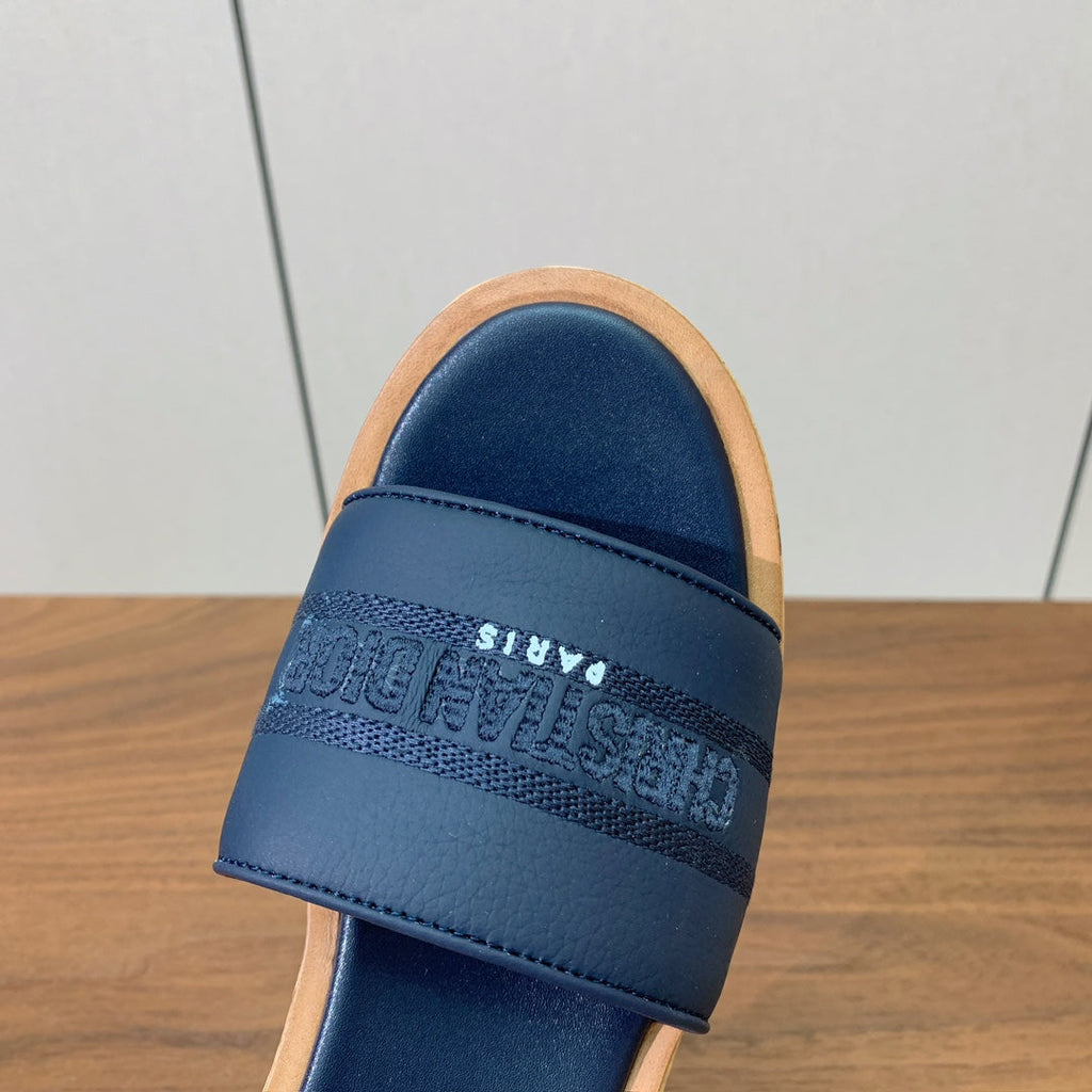 Dior 25S Dway Wedge Slide 90 mm in Deep Navy Blue Calfskin
